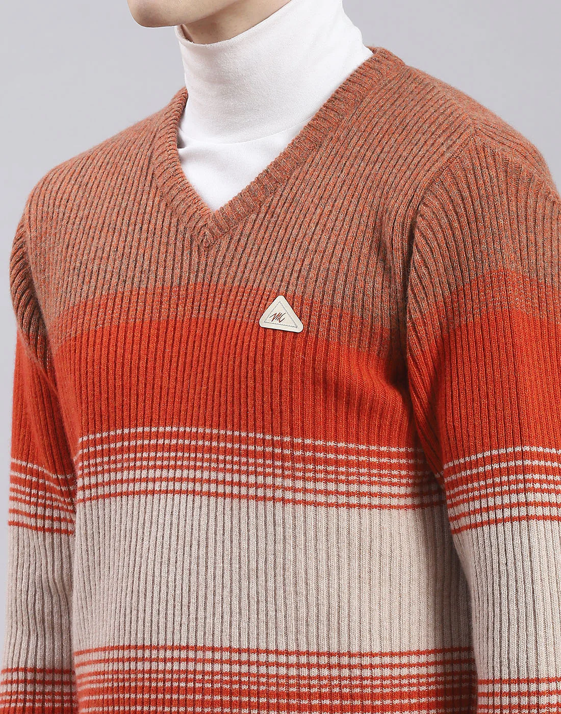 Men Rust Stripe V Neck Full Sleeve Sweater - Image 6