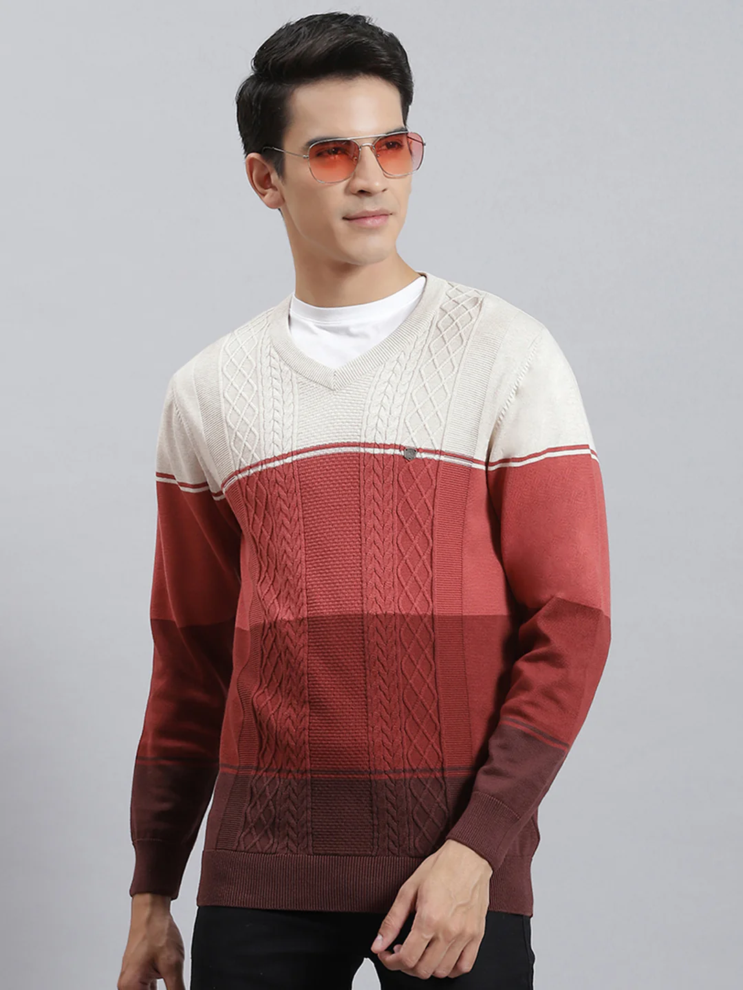 Men Rust Stripe V Neck Full Sleeve Sweaters/Pullovers - Image 2