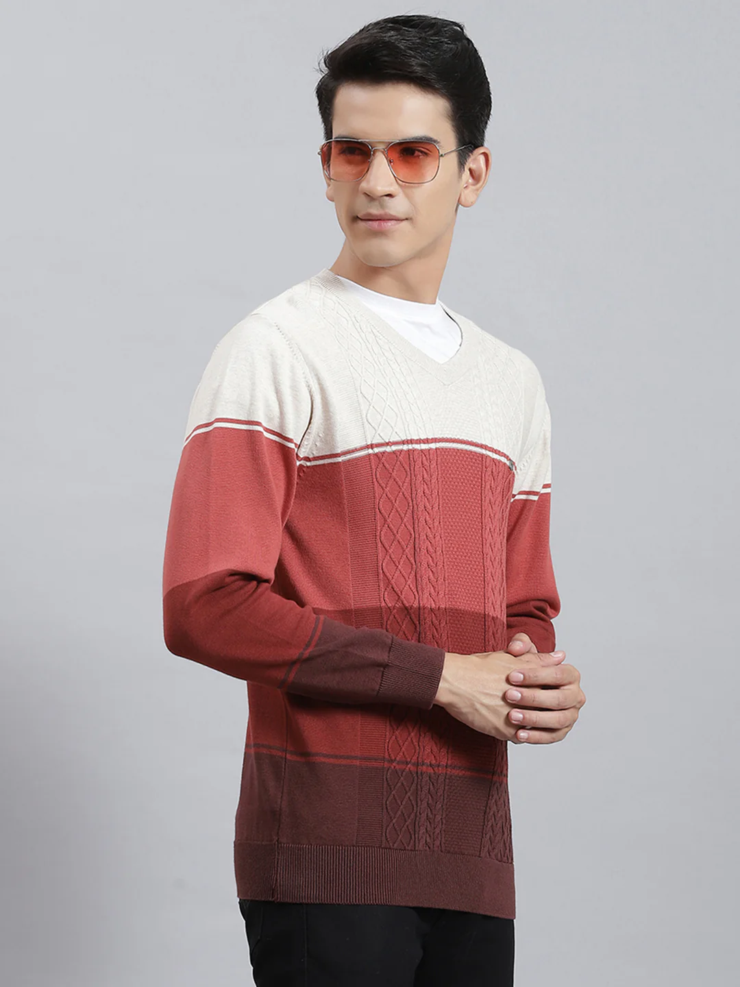 Men Rust Stripe V Neck Full Sleeve Sweaters/Pullovers - Image 4