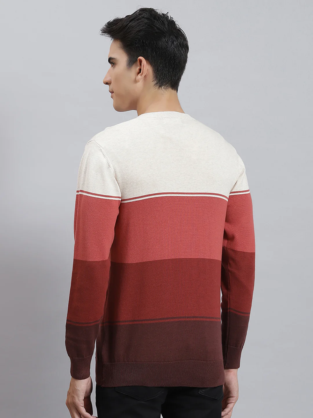 Men Rust Stripe V Neck Full Sleeve Sweaters/Pullovers - Image 5