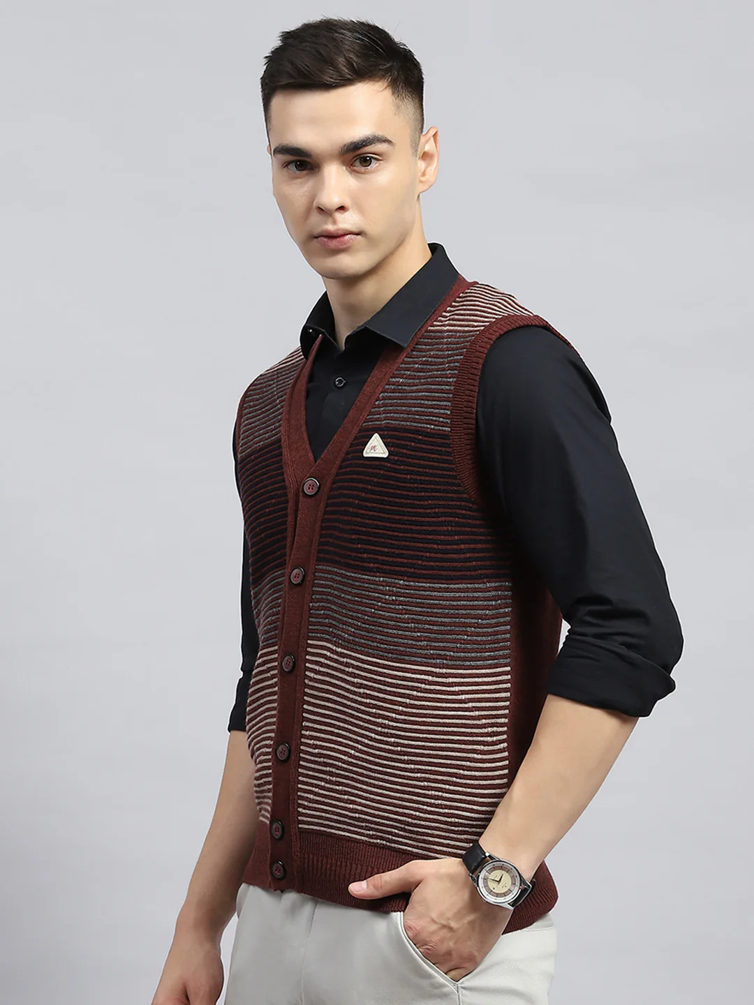 Men Rust Stripe V Neck Sleeveless Cardigan - Image 3