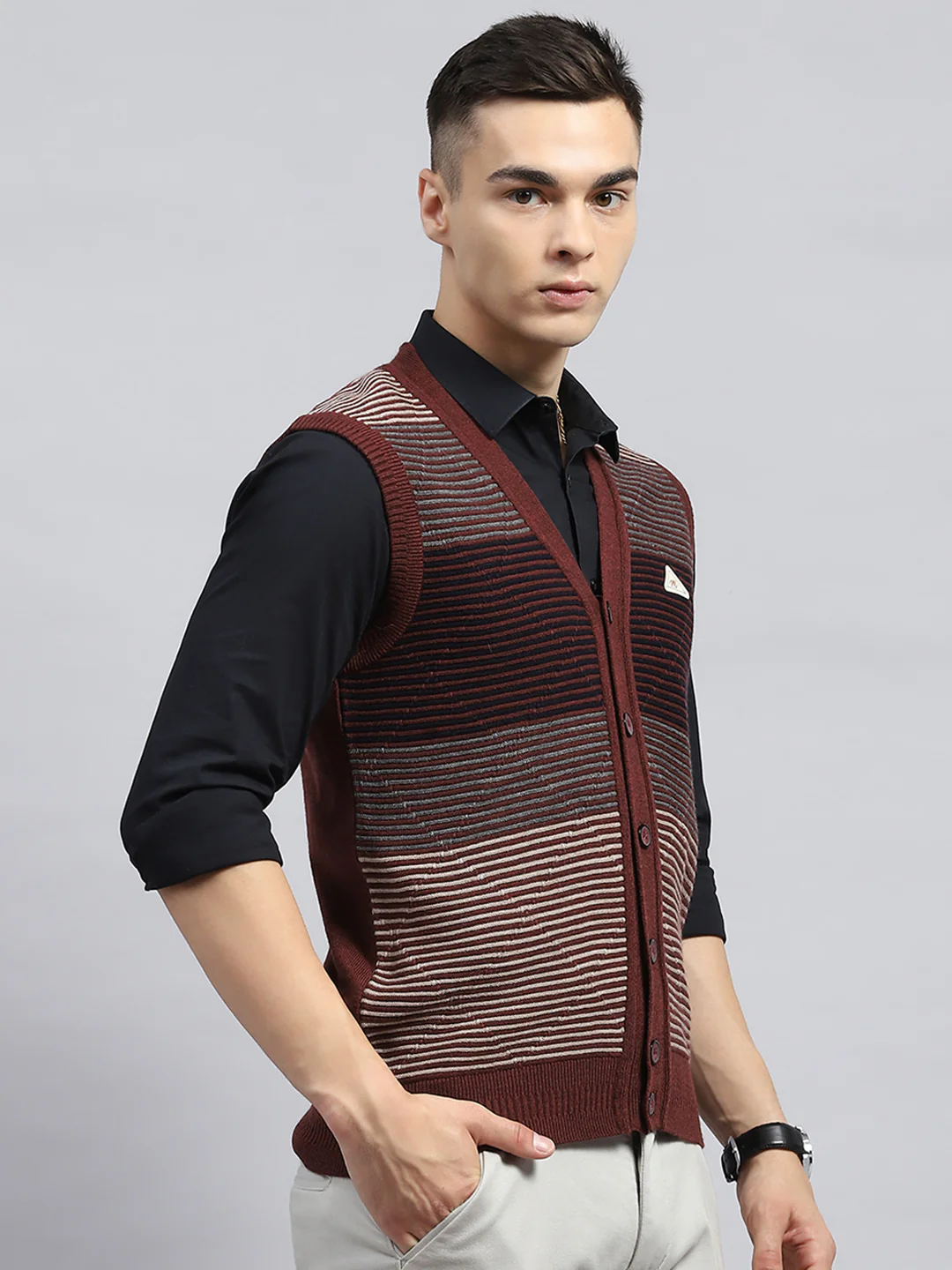 Men Rust Stripe V Neck Sleeveless Cardigan - Image 4