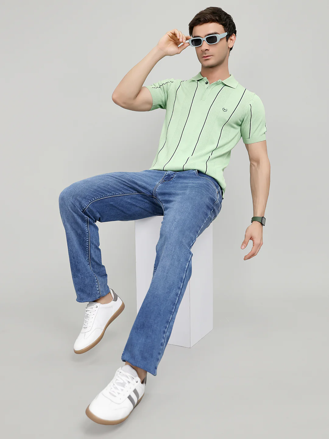 Men Sea Green Intarsia Collar Half Sleeve T-Shirt - Image 6