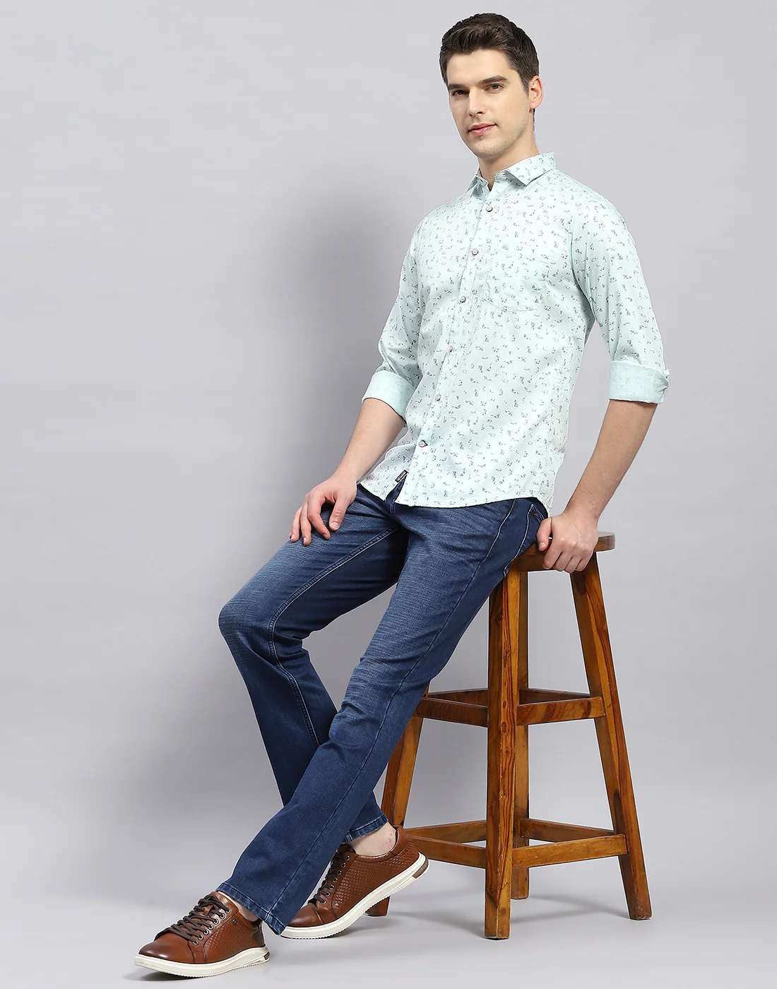 Men Sea Green Printed Collar Full Sleeve Shirt - Image 2