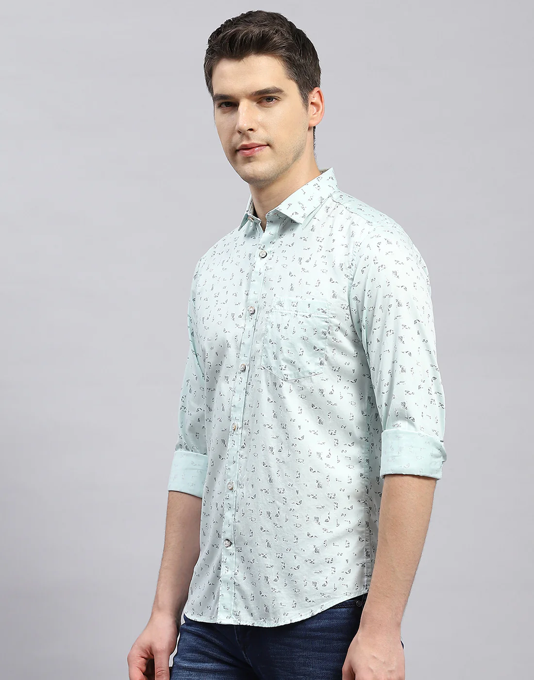 Men Sea Green Printed Collar Full Sleeve Shirt - Image 4