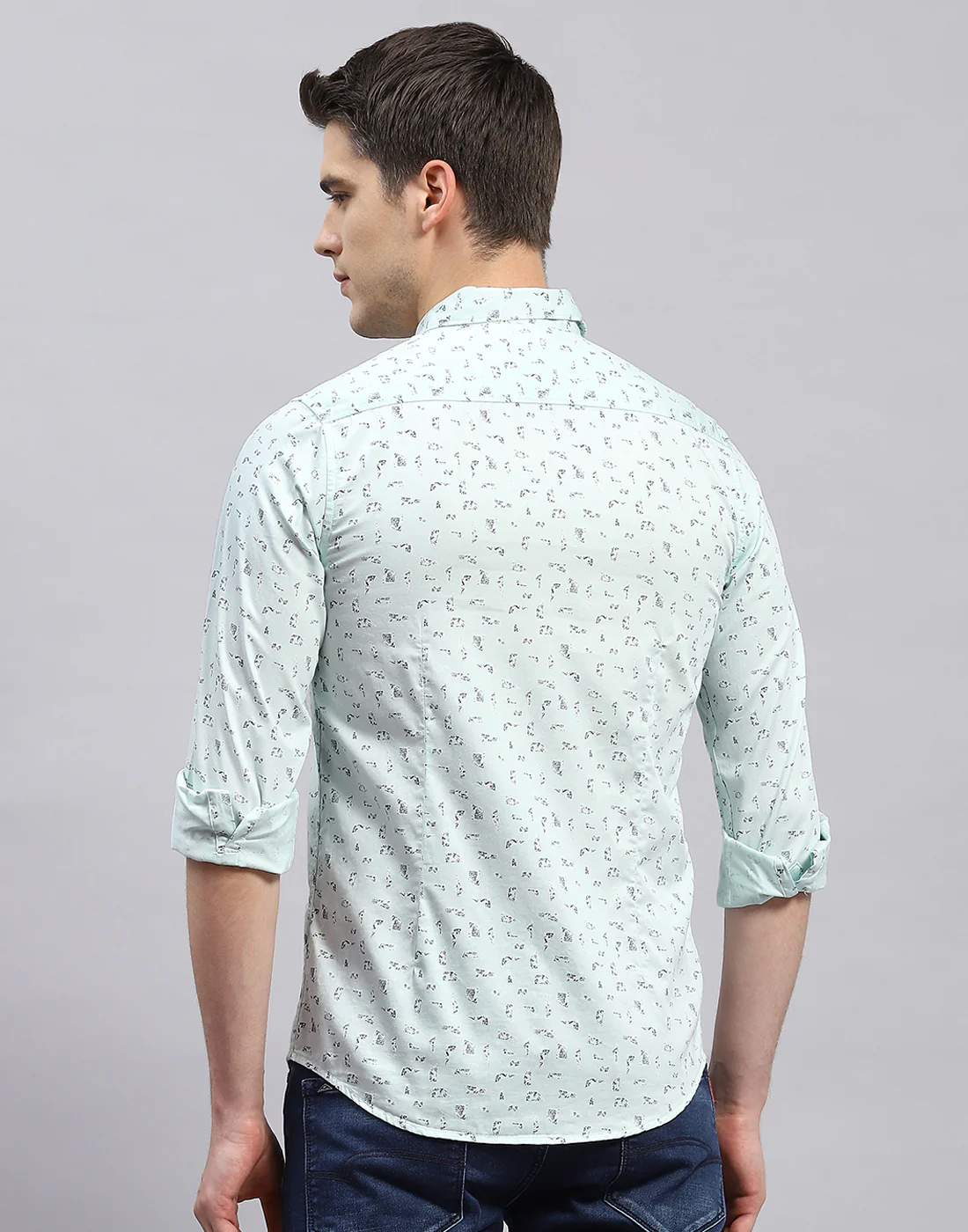 Men Sea Green Printed Collar Full Sleeve Shirt - Image 6