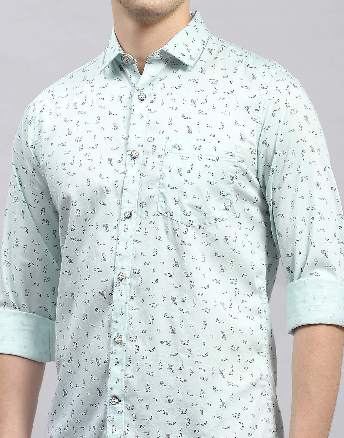 Men Sea Green Printed Collar Full Sleeve Shirt - Image 7