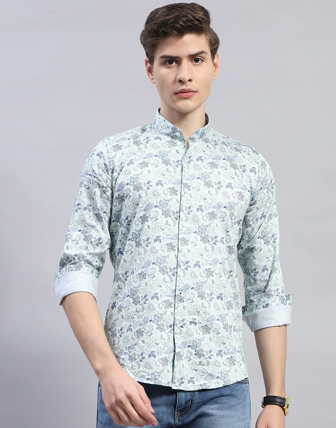 Men Sea Green Printed Mandarin Collar Full Sleeve Shirt - Image 3