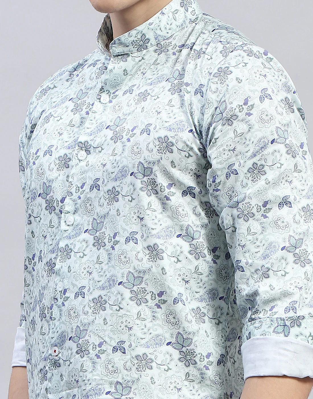 Men Sea Green Printed Mandarin Collar Full Sleeve Shirt - Image 7