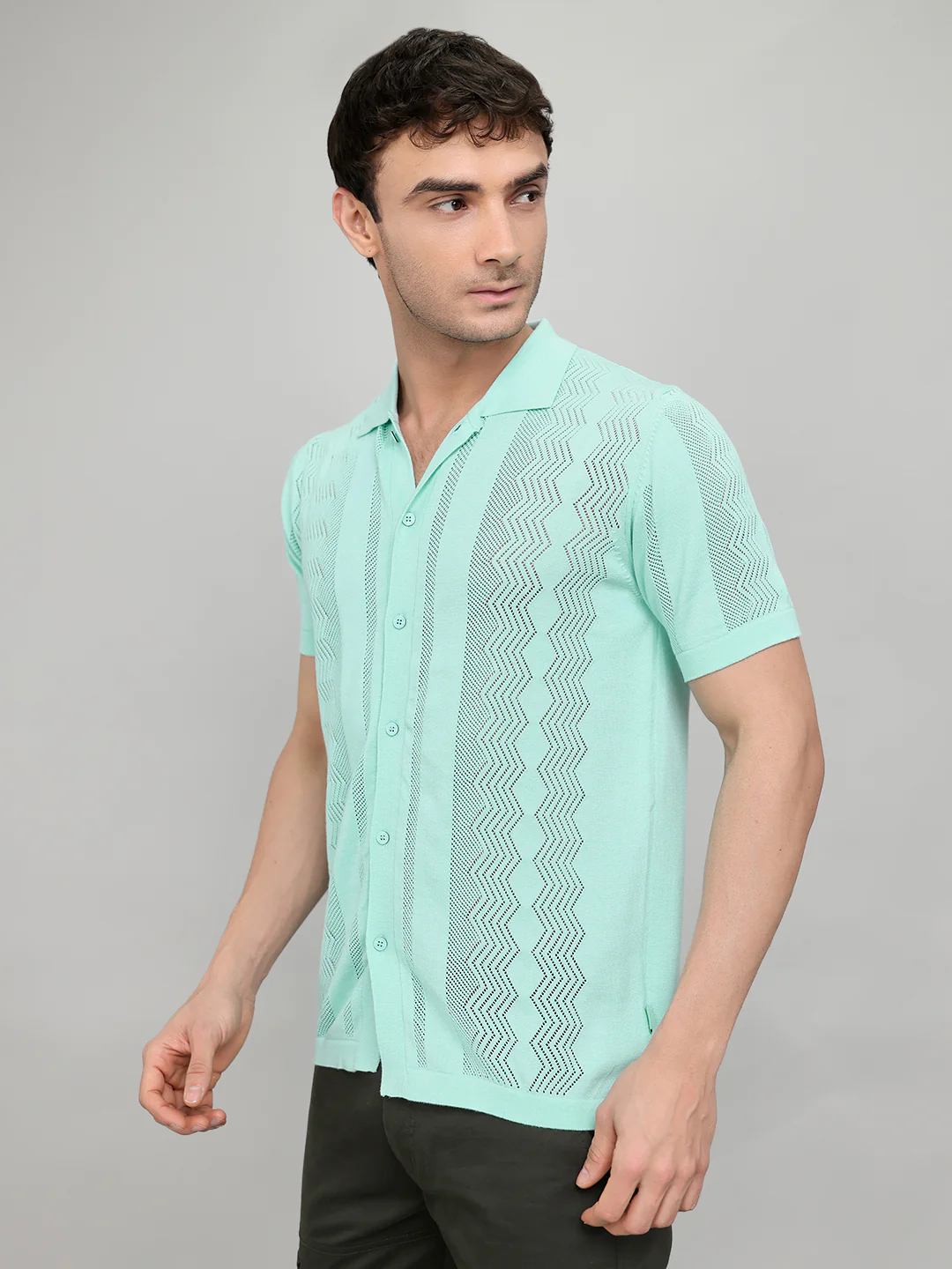 Men Sea Green Self Design Collar Half Sleeve Shirt - Image 2