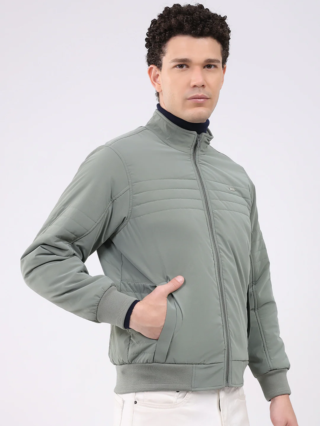 Men Sea Green Solid Collar Full Sleeve Jacket - Image 4