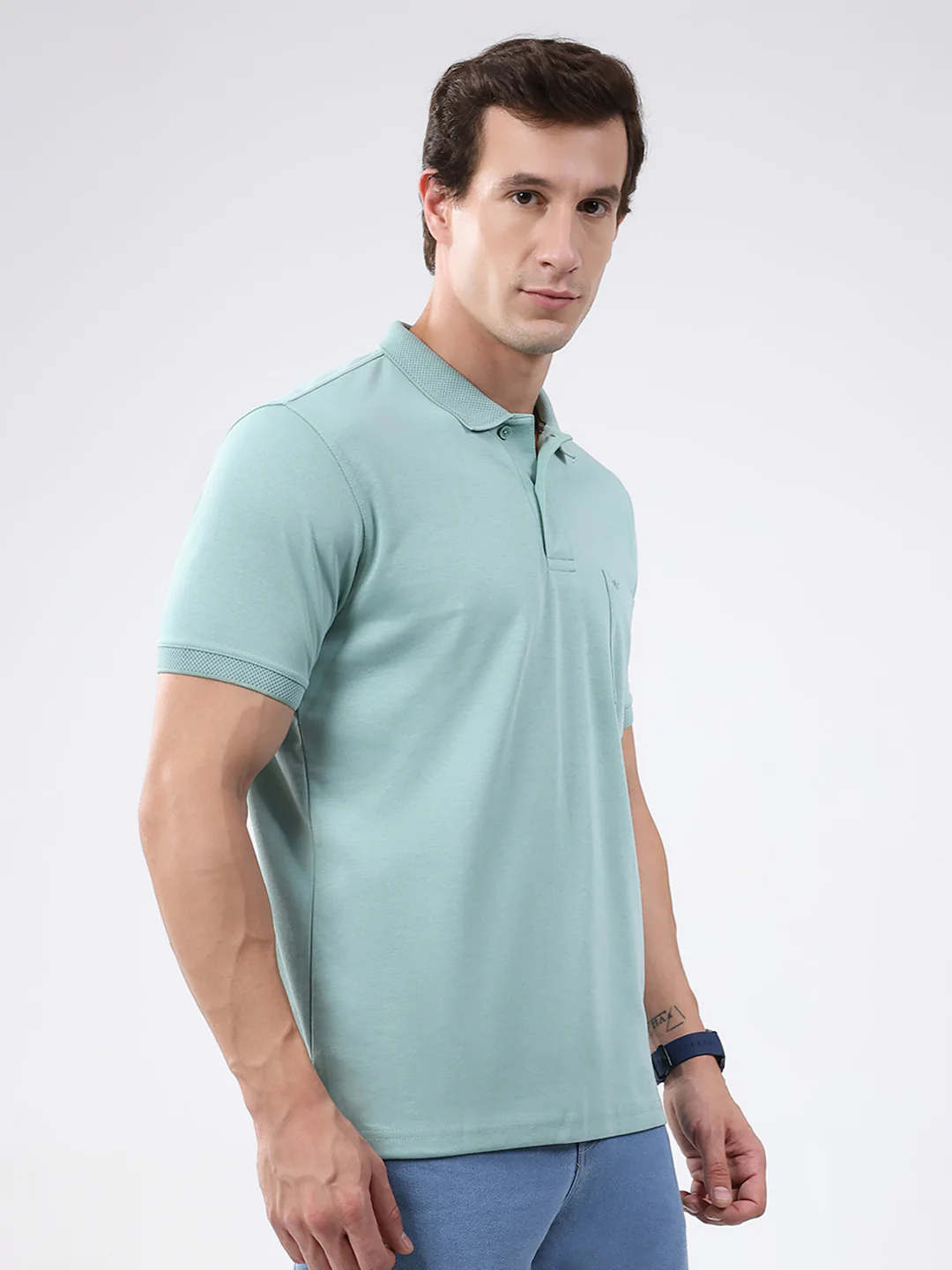 Men Sea Green Solid Collar Half Sleeve T-Shirt - Image 4