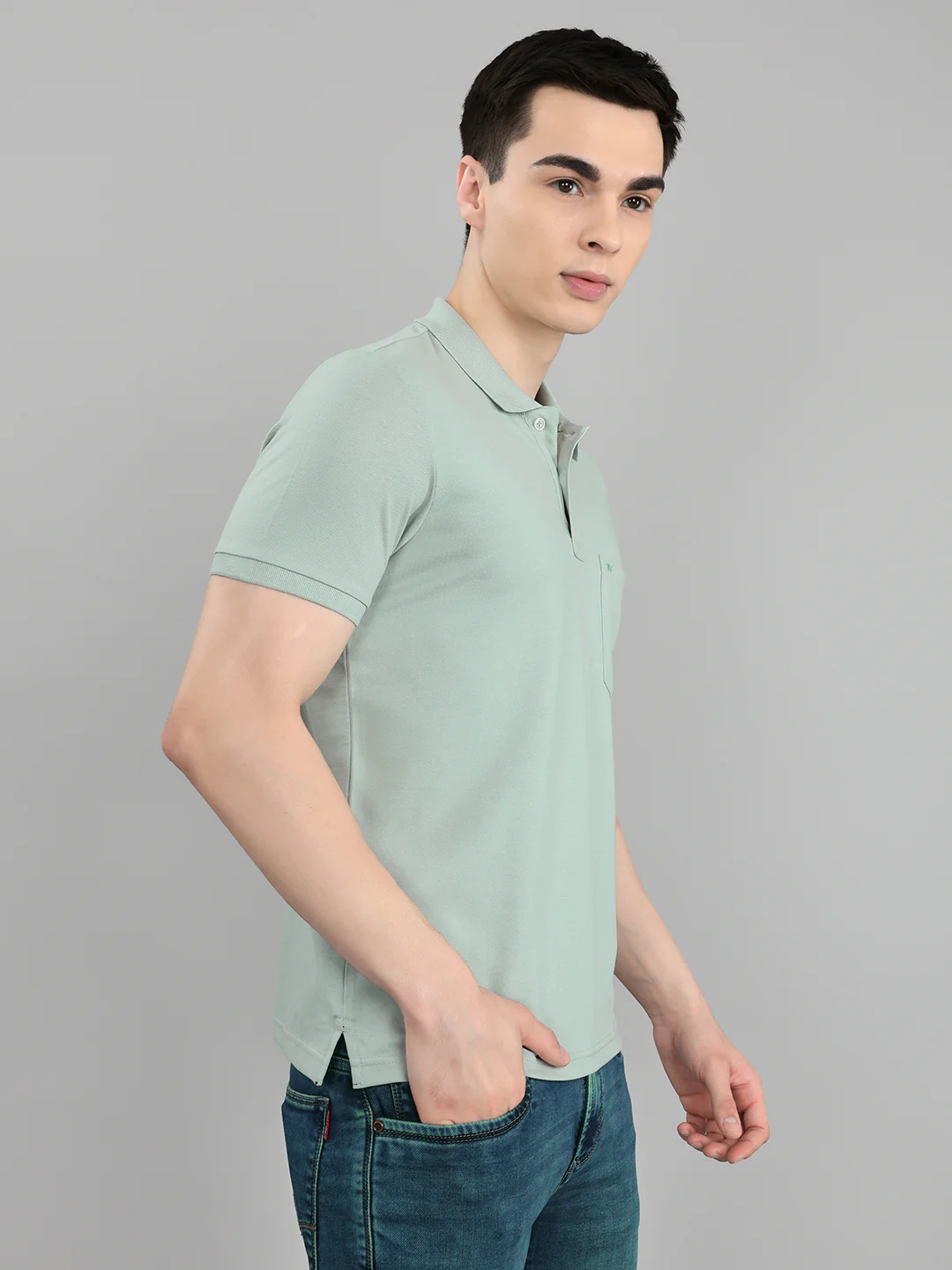 Men Sea Green Solid Collar Half Sleeve T-Shirt - Image 3