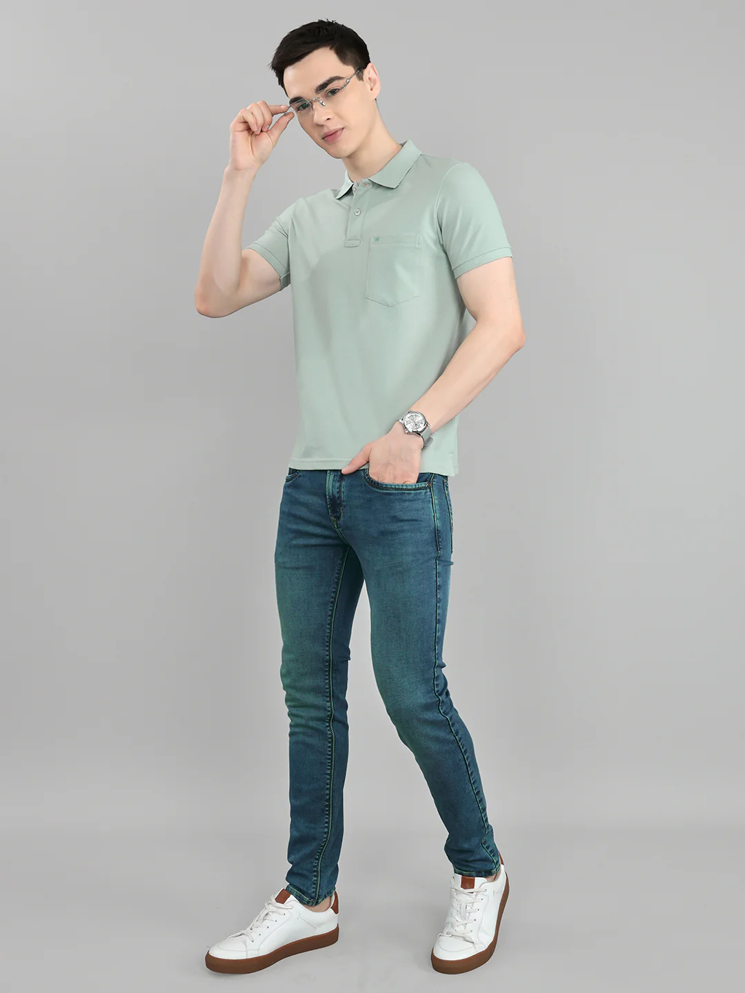Men Sea Green Solid Collar Half Sleeve T-Shirt - Image 6