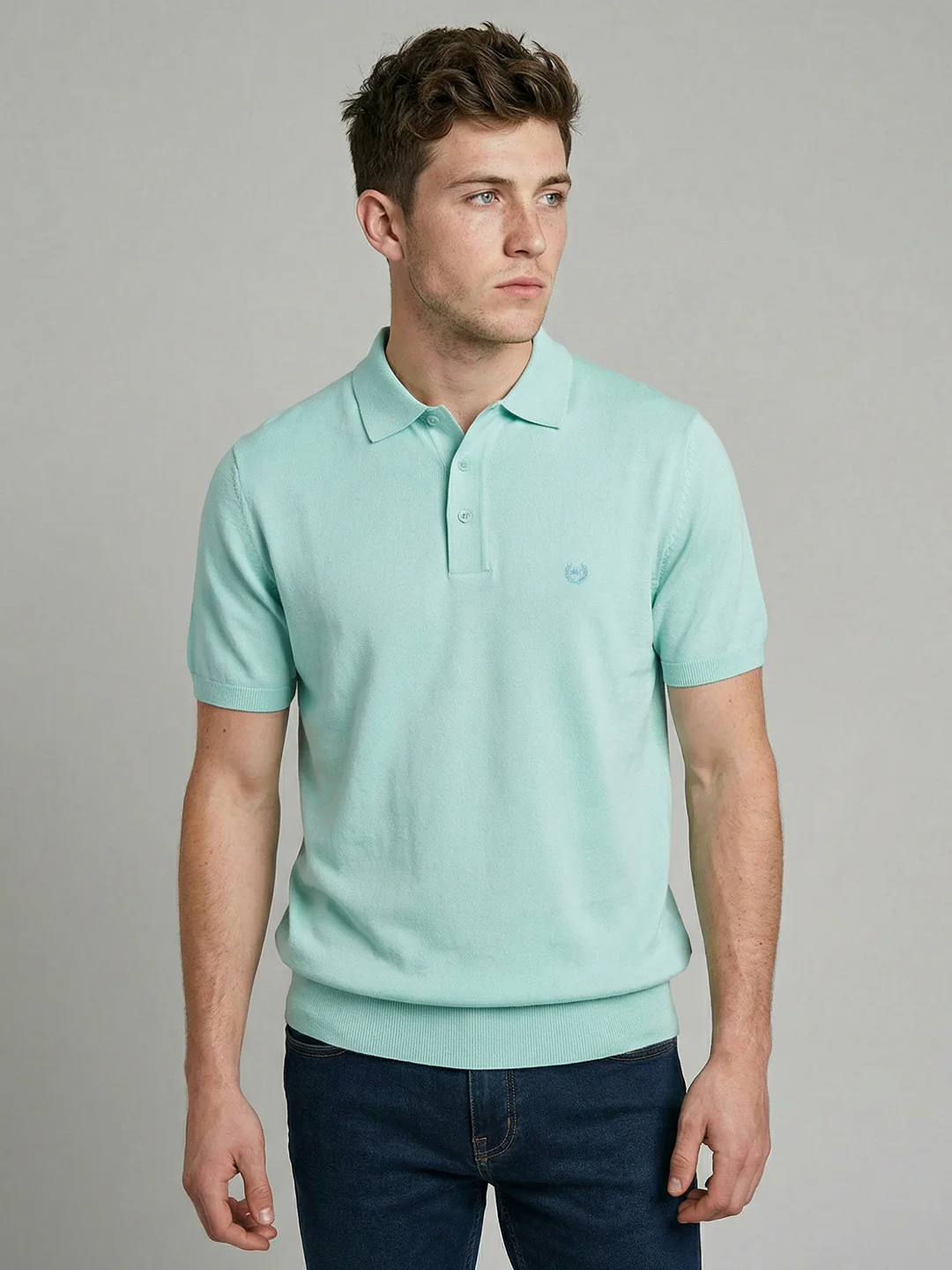 Men Sea Green Solid Collar Half Sleeve T-Shirt - Image 2