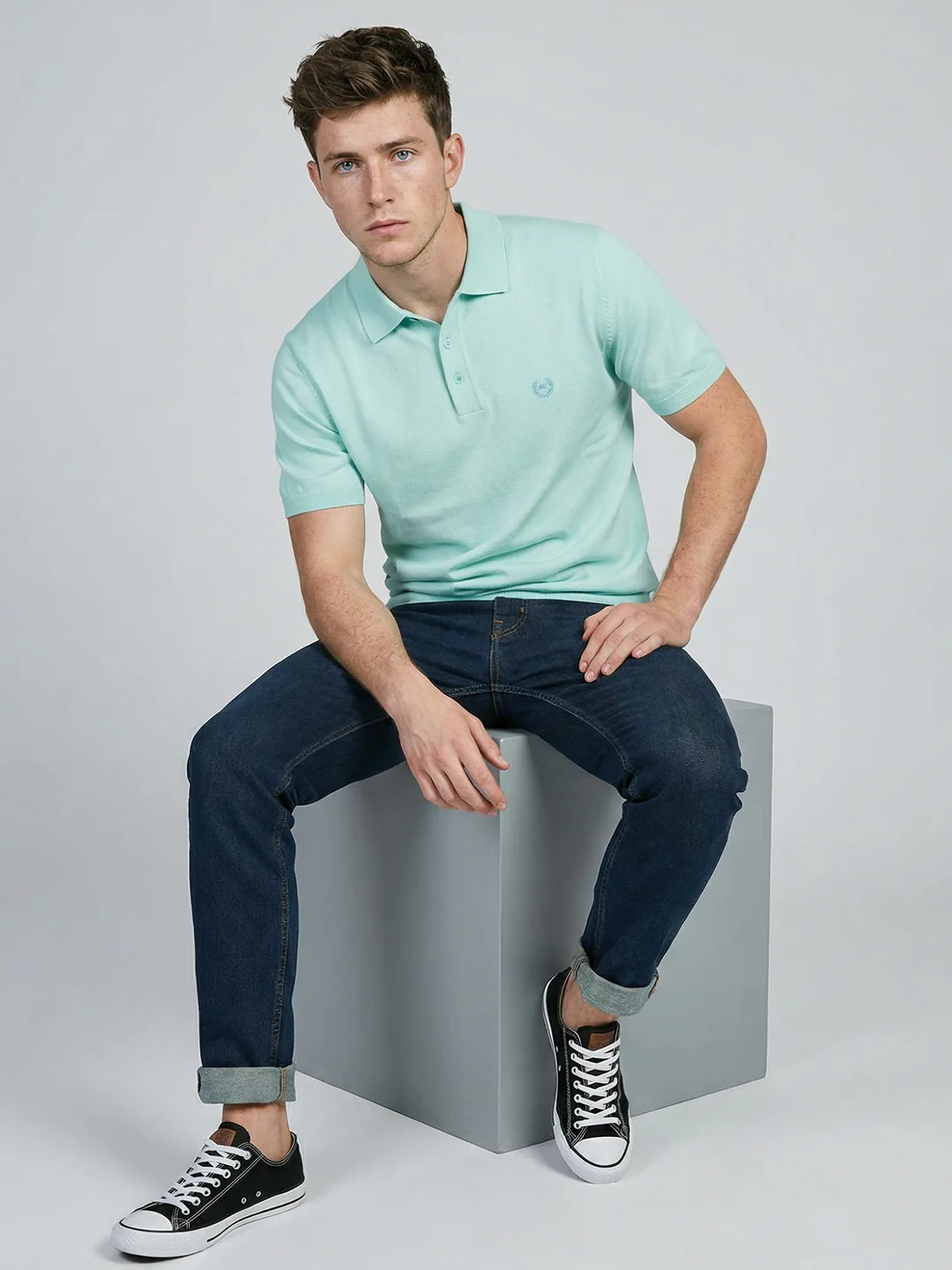 Men Sea Green Solid Collar Half Sleeve T-Shirt - Image 5