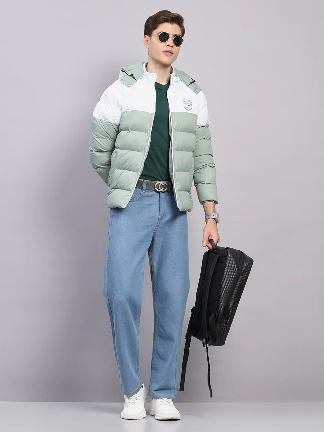 Men Sea Green Solid Hooded Full Sleeve Jacket - Image 2
