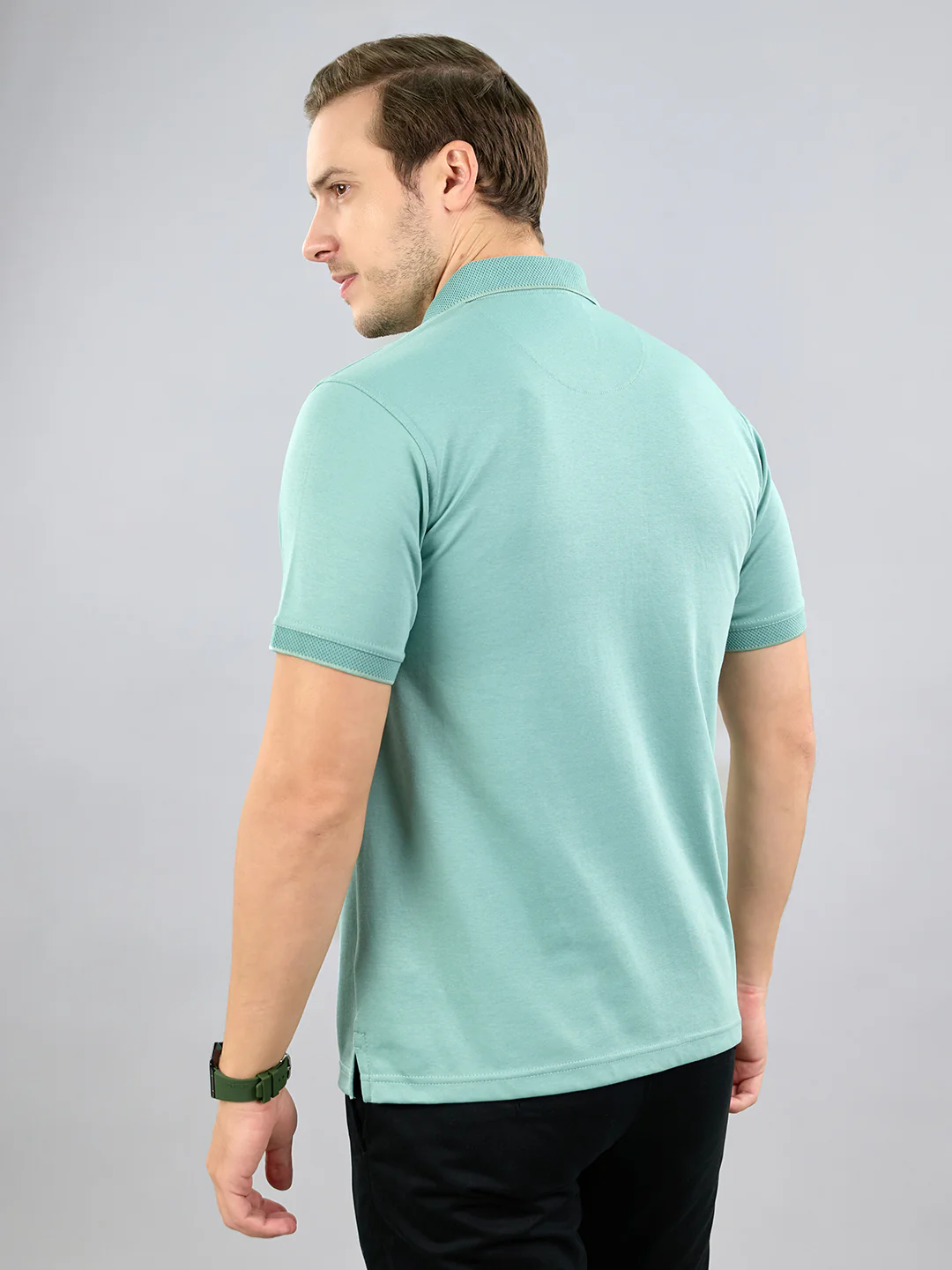 Men Sea Green Solid Polo Collar Half Sleeve T-Shirt - Image 4