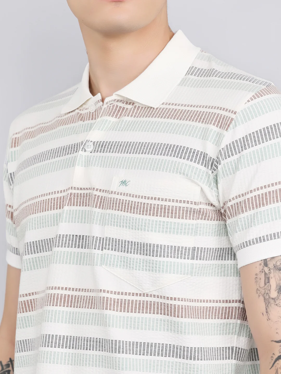 Men Sea Green Stripe Collar Half Sleeve T-Shirt - Image 5