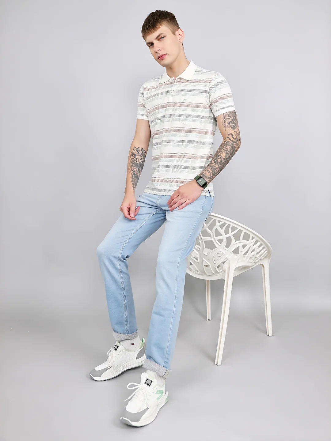 Men Sea Green Stripe Collar Half Sleeve T-Shirt - Image 6