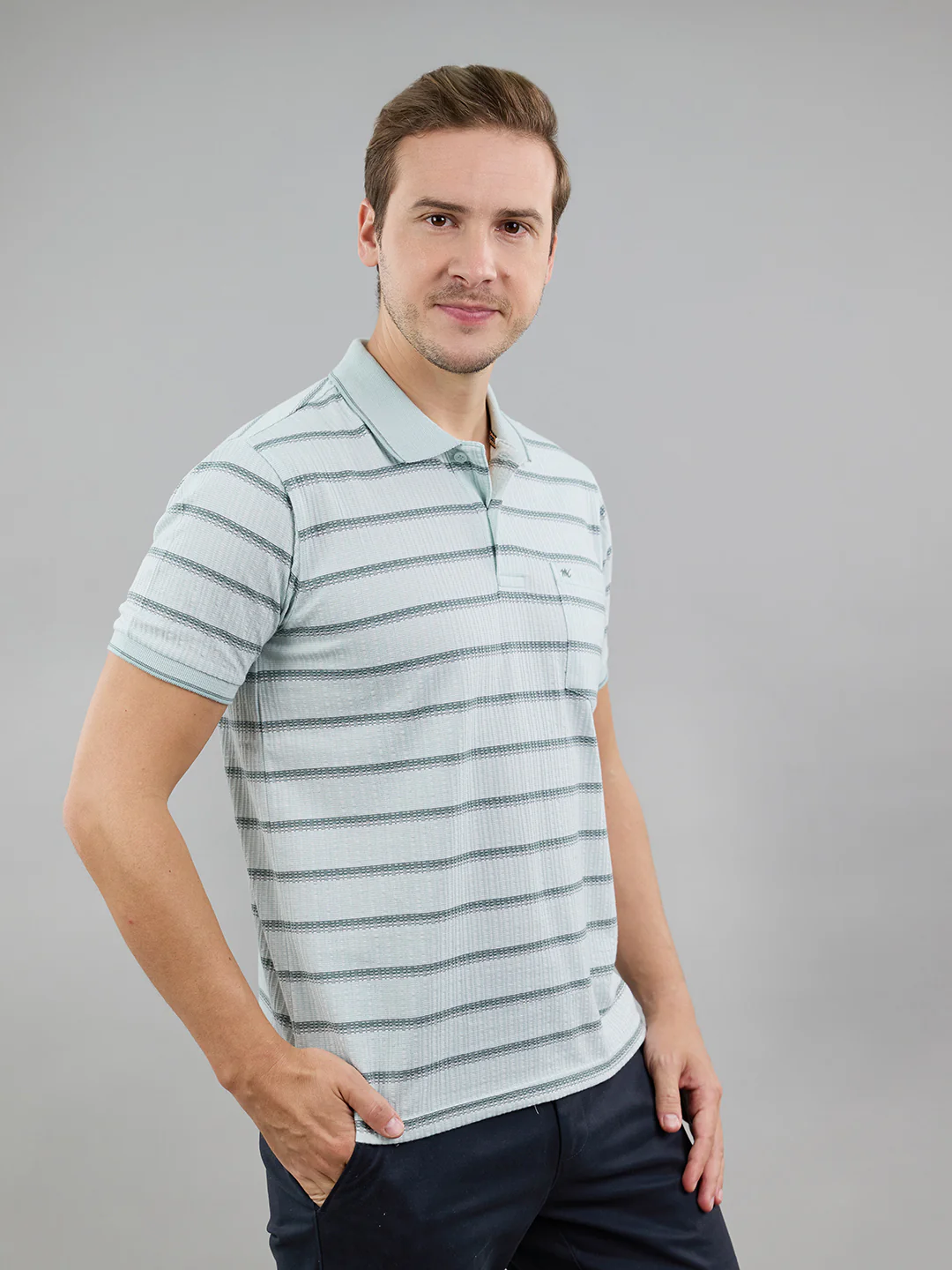 Men Sea Green Stripe Polo Collar Half Sleeve T-Shirt - Image 2