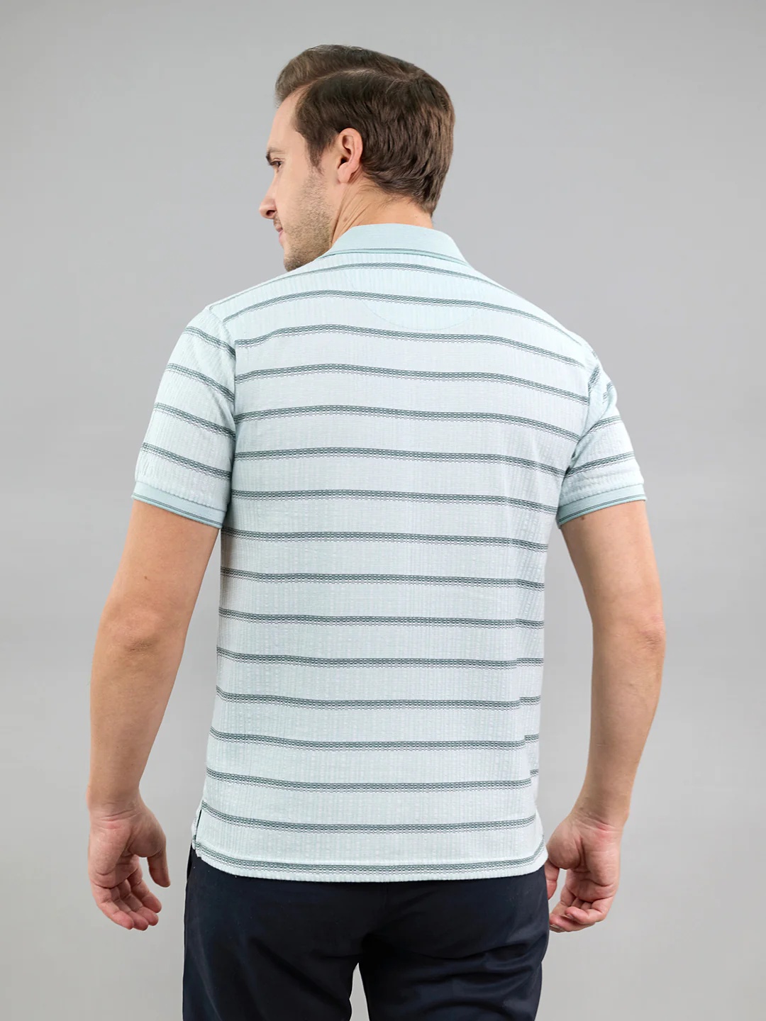 Men Sea Green Stripe Polo Collar Half Sleeve T-Shirt - Image 4
