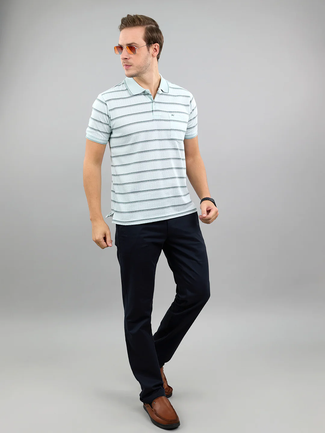 Men Sea Green Stripe Polo Collar Half Sleeve T-Shirt - Image 6