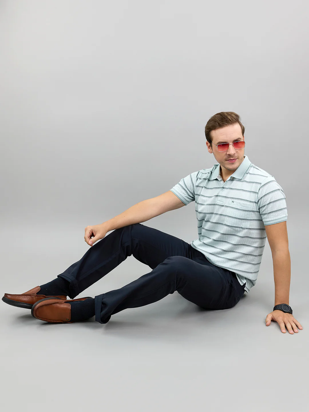 Men Sea Green Stripe Polo Collar Half Sleeve T-Shirt - Image 7