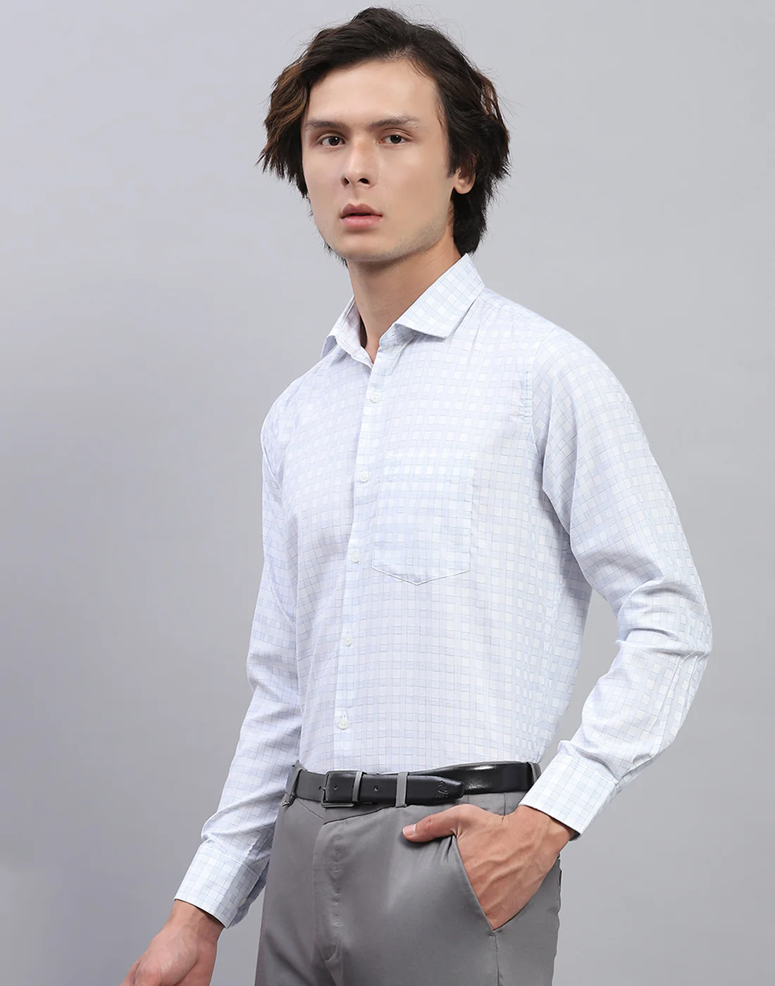 Men Sky Blue Check Collar Full Sleeve Shirt - Image 3