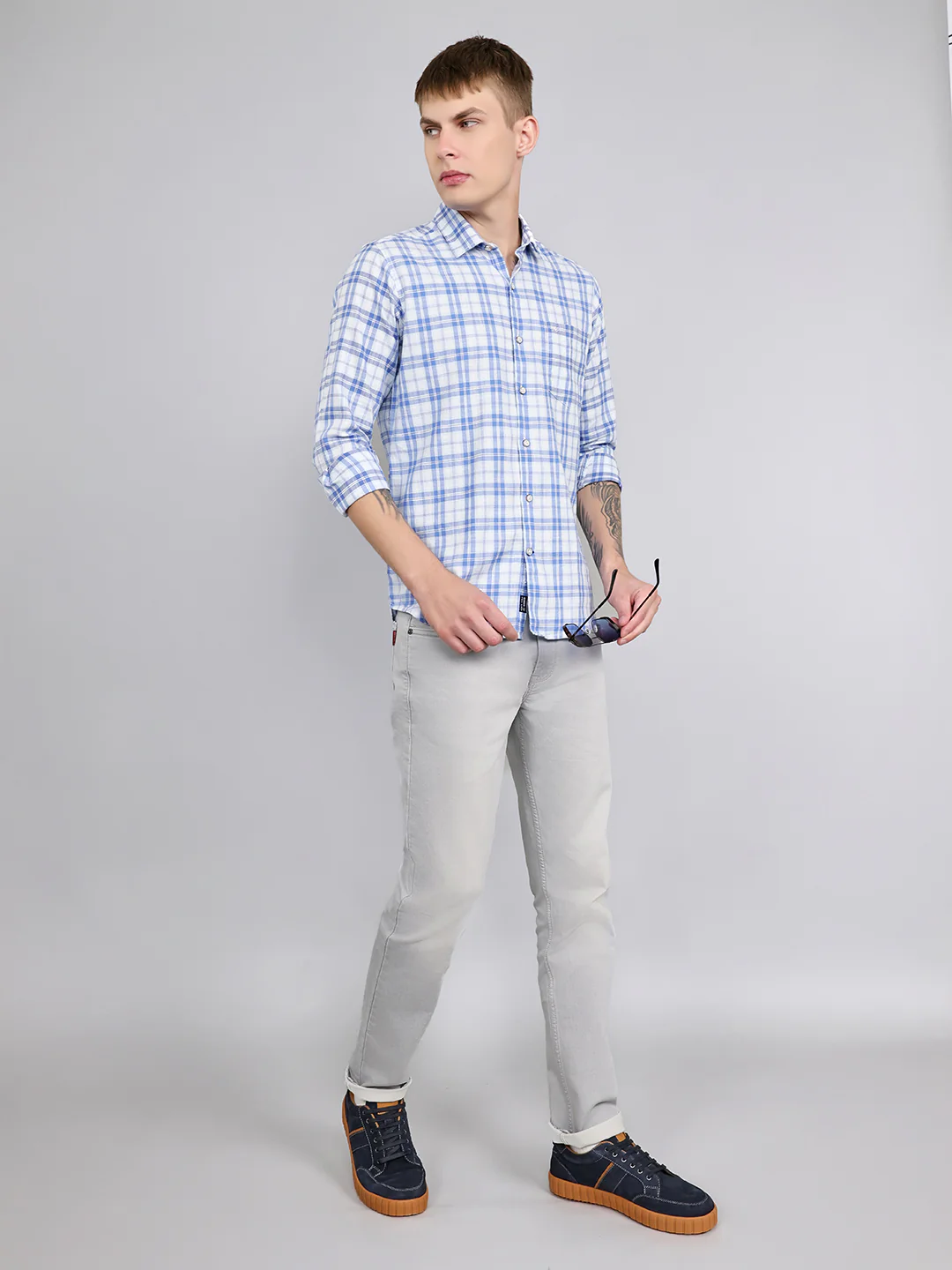 Men Sky Blue Check Collar Full Sleeve Shirt - Image 6