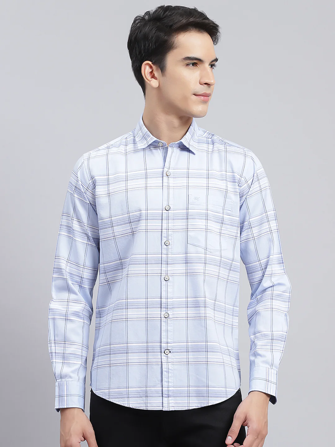 Men Sky Blue Check Pure Cotton Shirt - Image 2