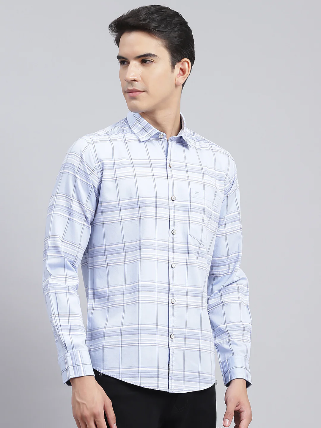 Men Sky Blue Check Pure Cotton Shirt - Image 3