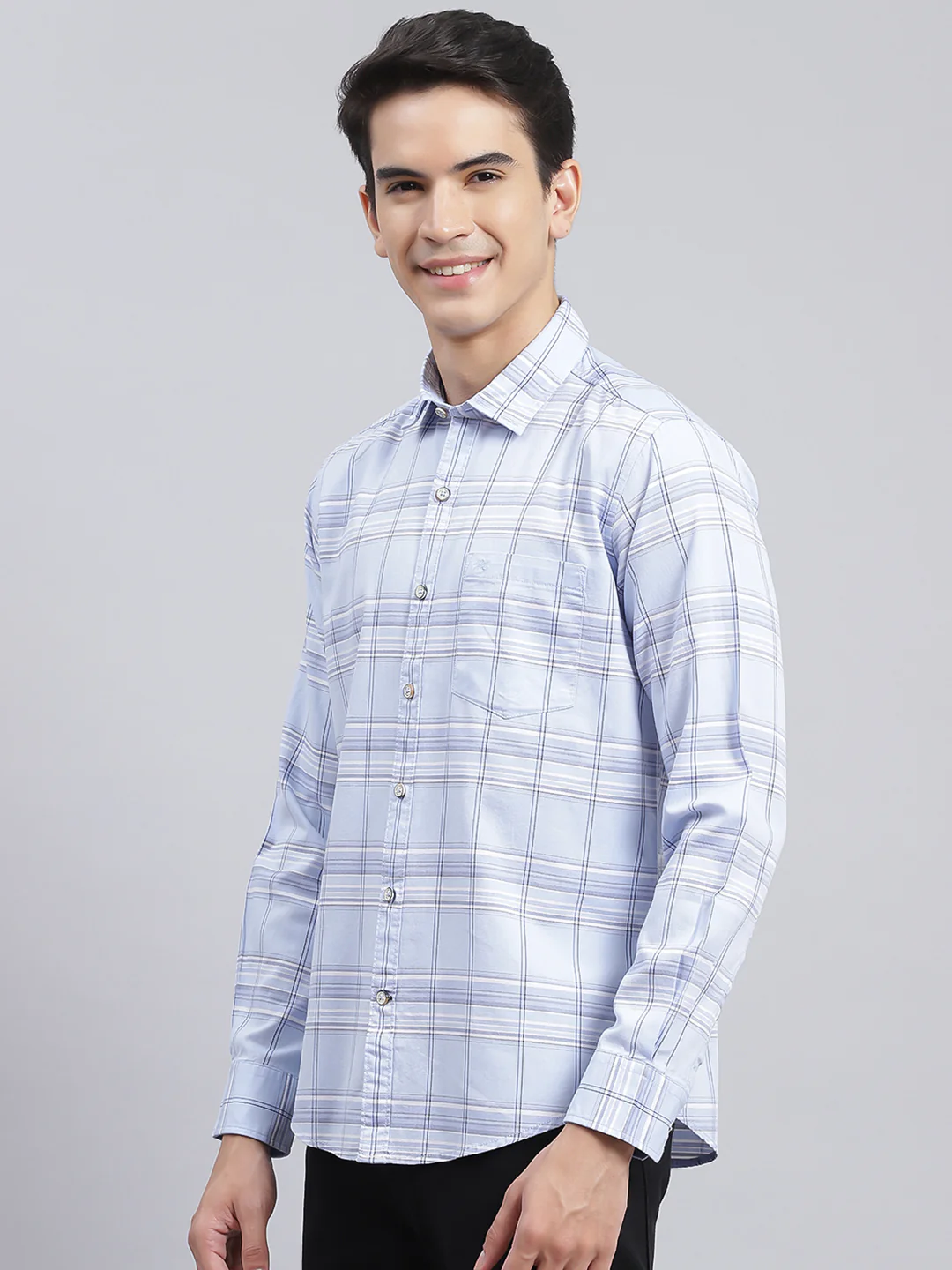 Men Sky Blue Check Pure Cotton Shirt - Image 4