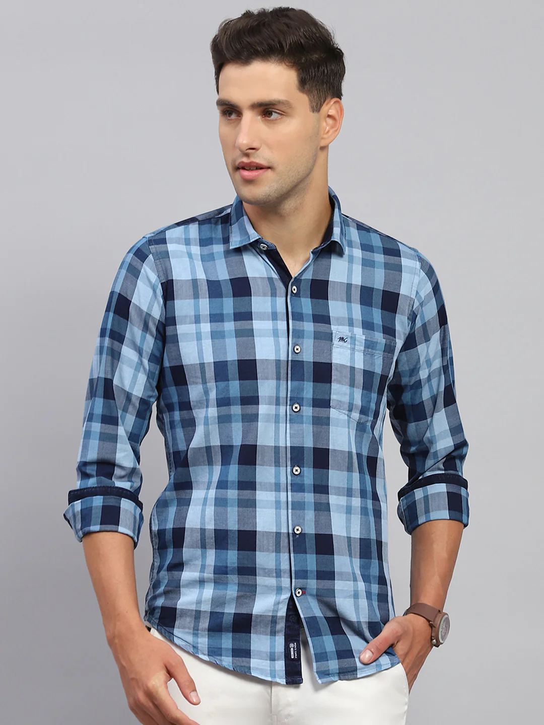 Men Sky Blue Check Spread Collar Full Sleeve Shirt - Image 2