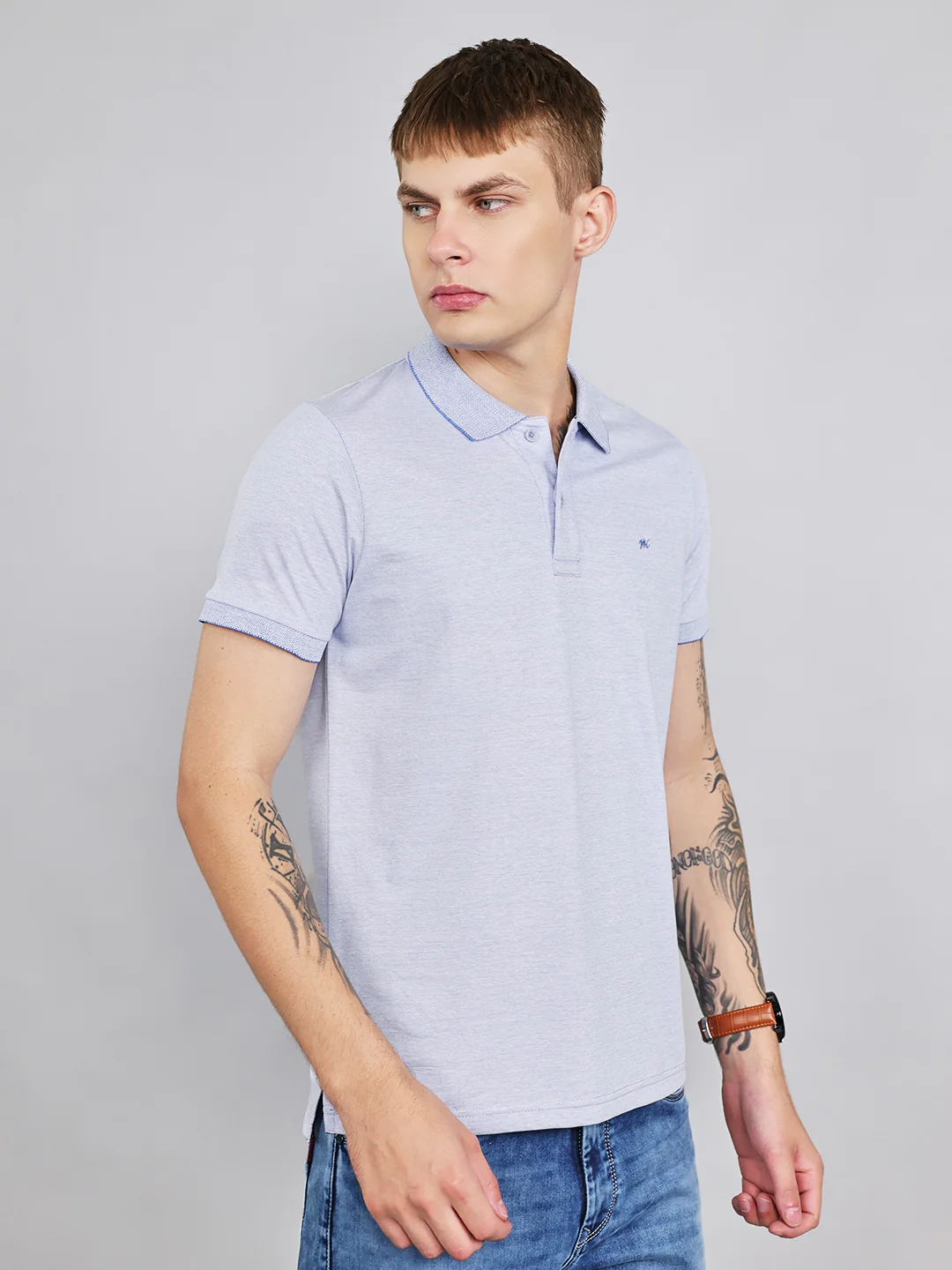 Men Sky Blue Plain Collar Half Sleeve T-Shirt - Image 3