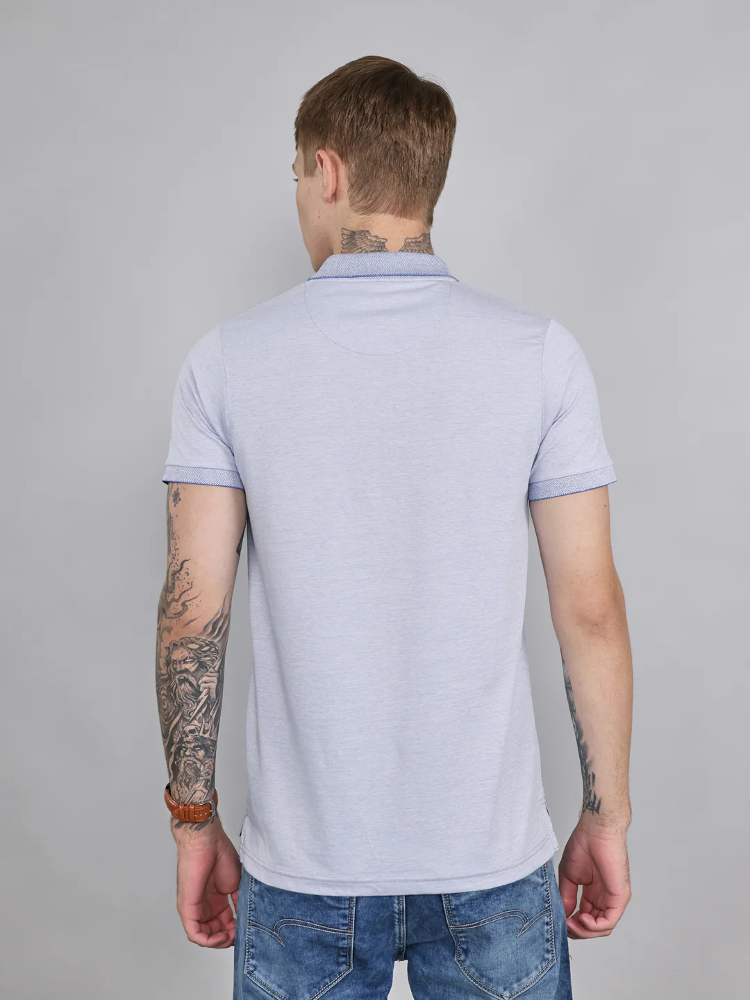 Men Sky Blue Plain Collar Half Sleeve T-Shirt - Image 4