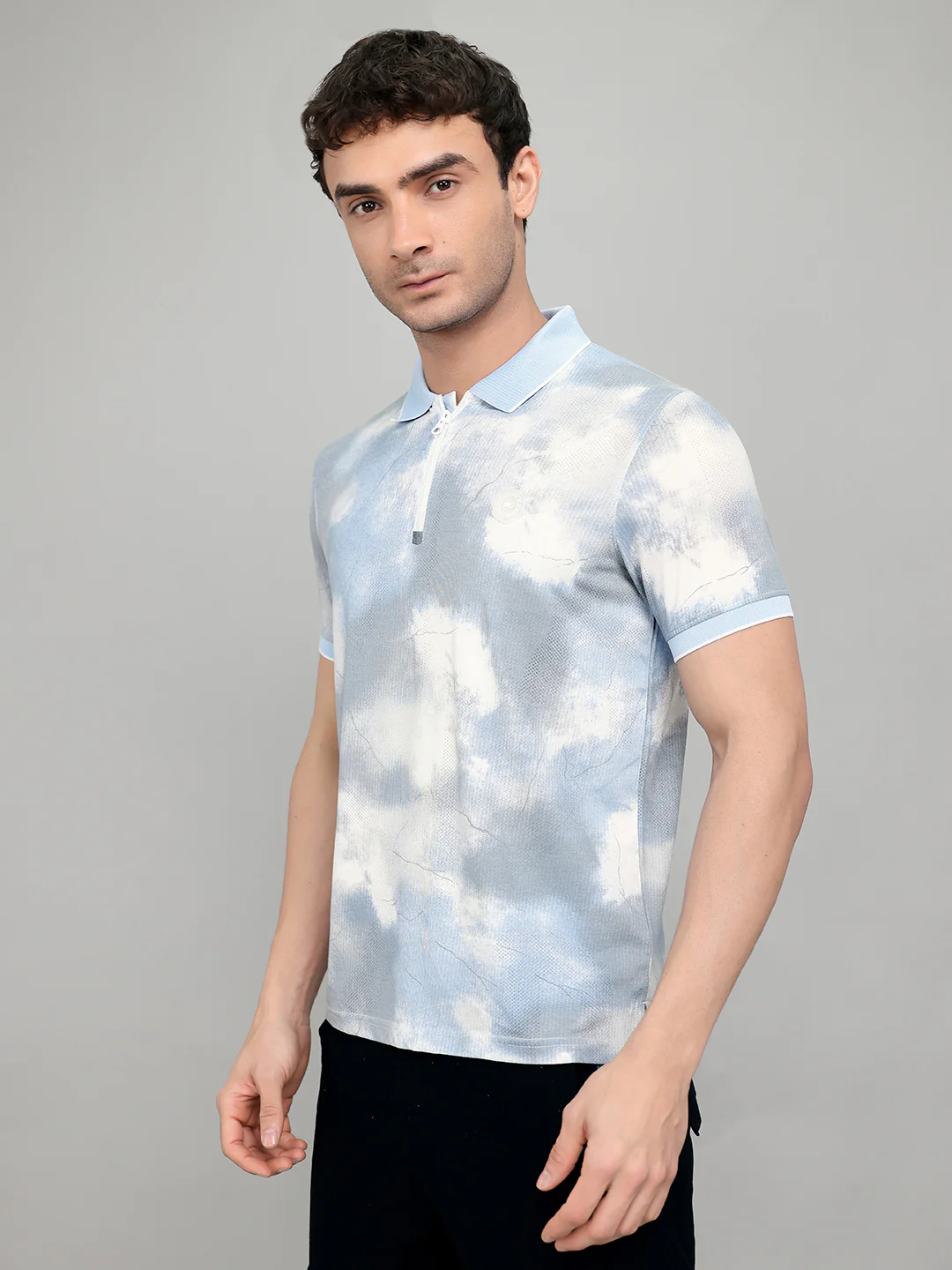 Men Sky Blue Printed Collar Half Sleeve T-Shirt - Image 2