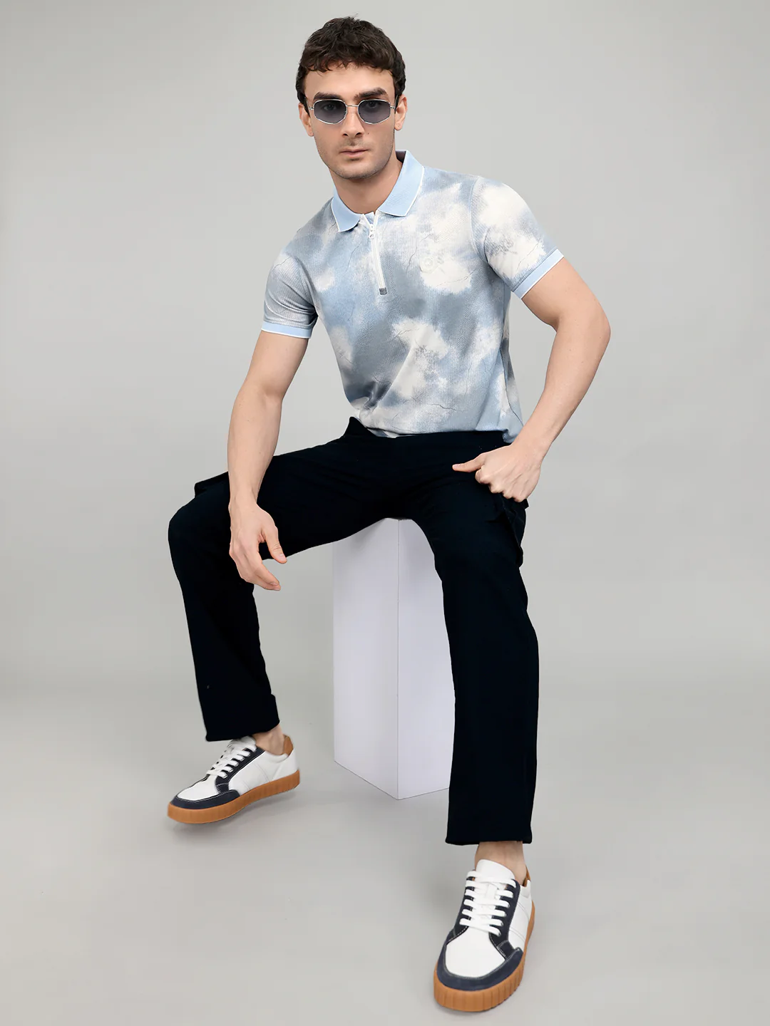 Men Sky Blue Printed Collar Half Sleeve T-Shirt - Image 6