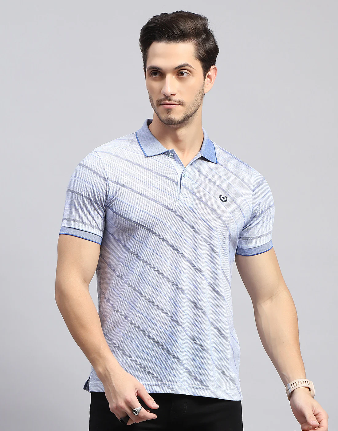 Men Sky Blue Printed Polo Collar Half Sleeve T-Shirt - Image 2