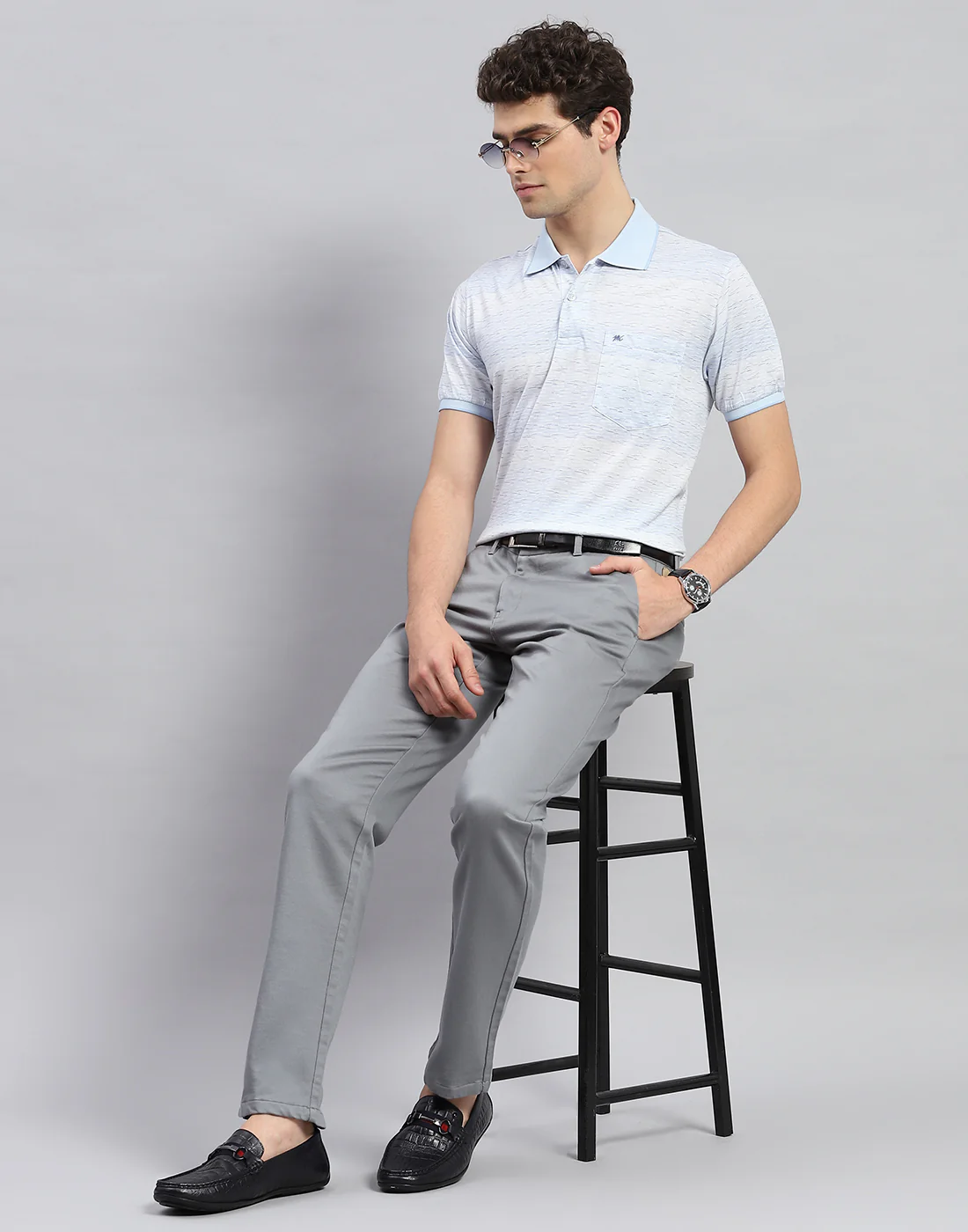 Men Sky Blue Printed Polo Collar Half Sleeve T-Shirt - Image 2