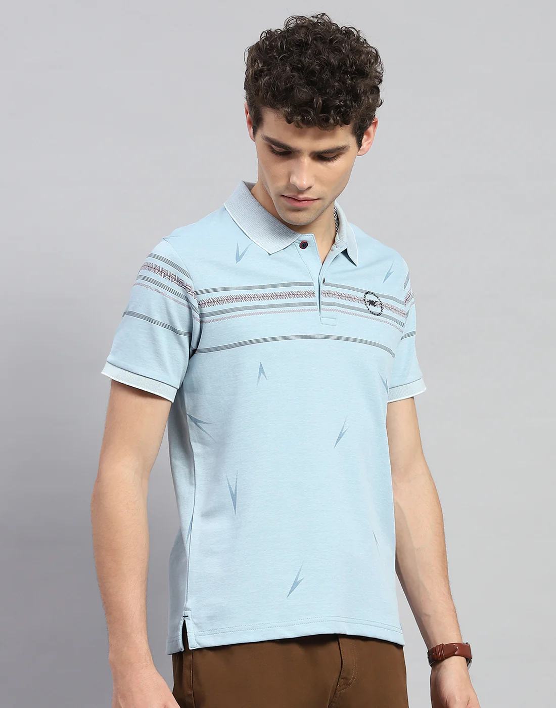 Men Sky Blue Printed Polo Collar Half Sleeve T-Shirt - Image 4