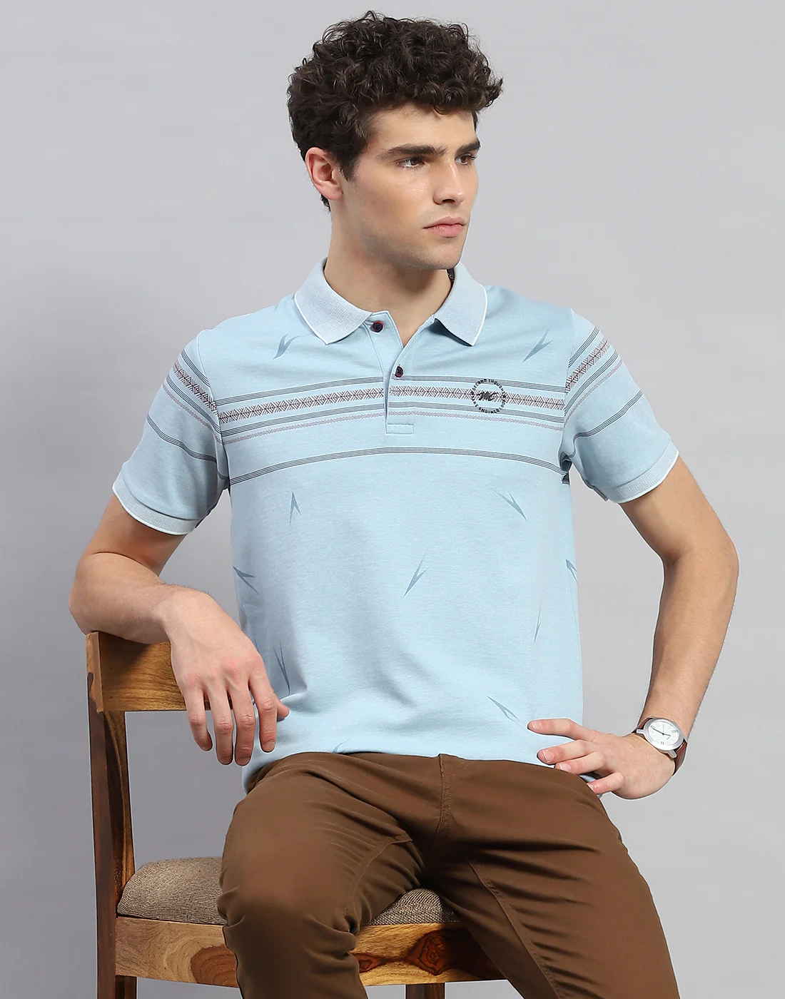 Men Sky Blue Printed Polo Collar Half Sleeve T-Shirt - Image 6