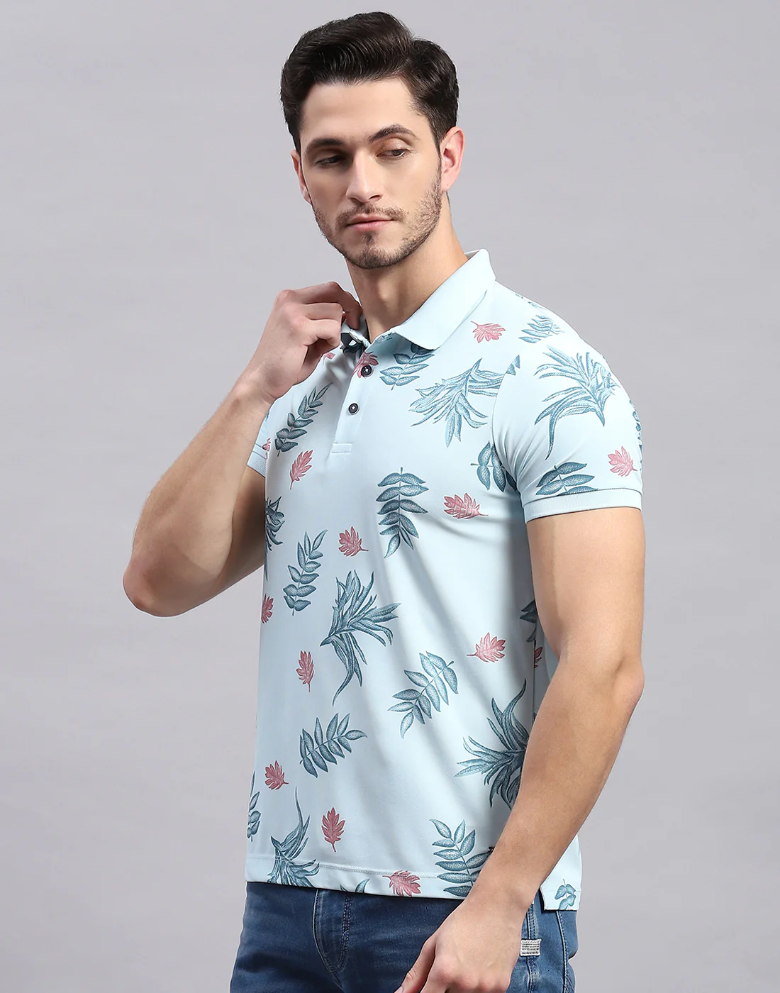 Men Sky Blue Printed Polo Collar Half Sleeve T-Shirt - Image 3