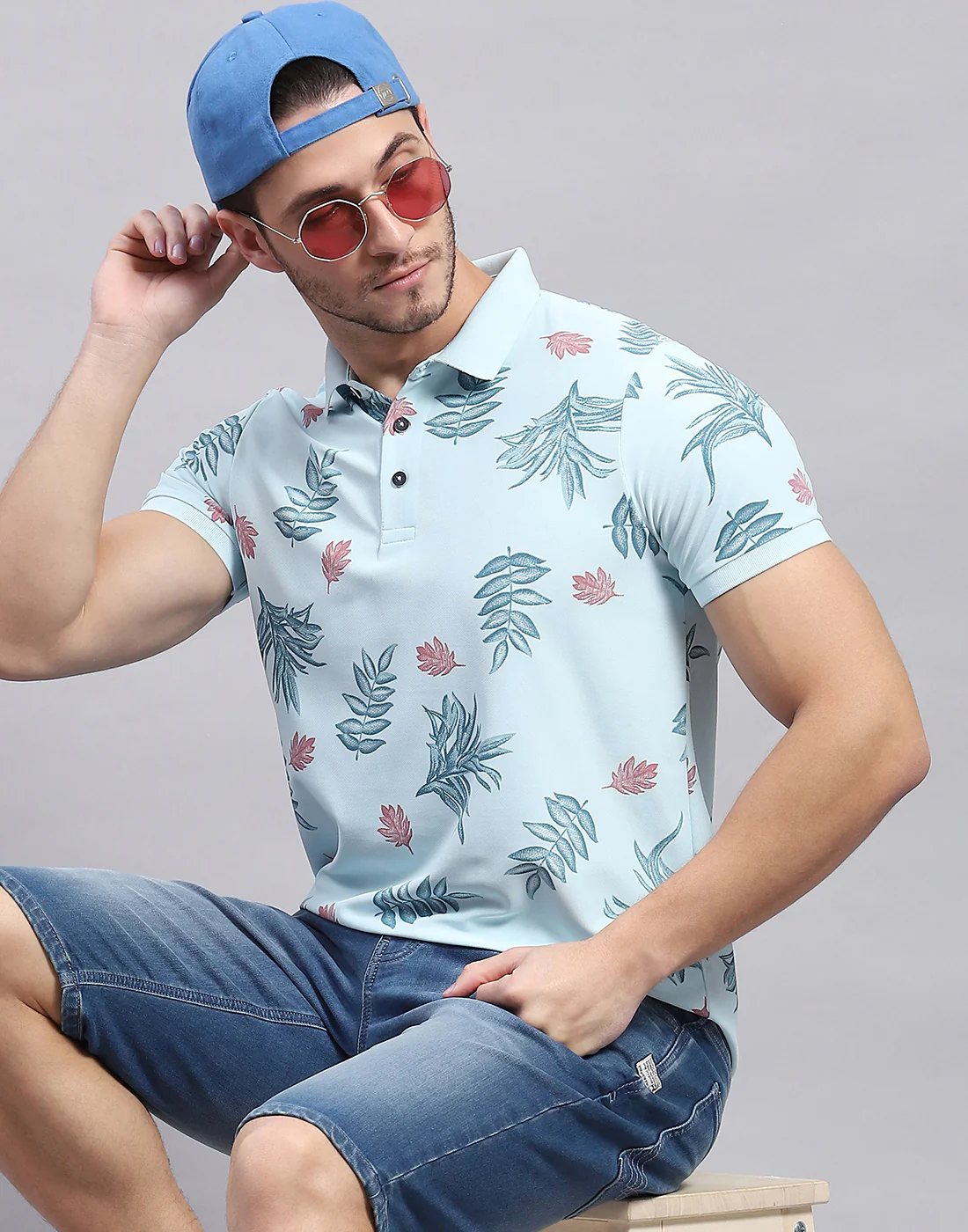 Men Sky Blue Printed Polo Collar Half Sleeve T-Shirt - Image 6