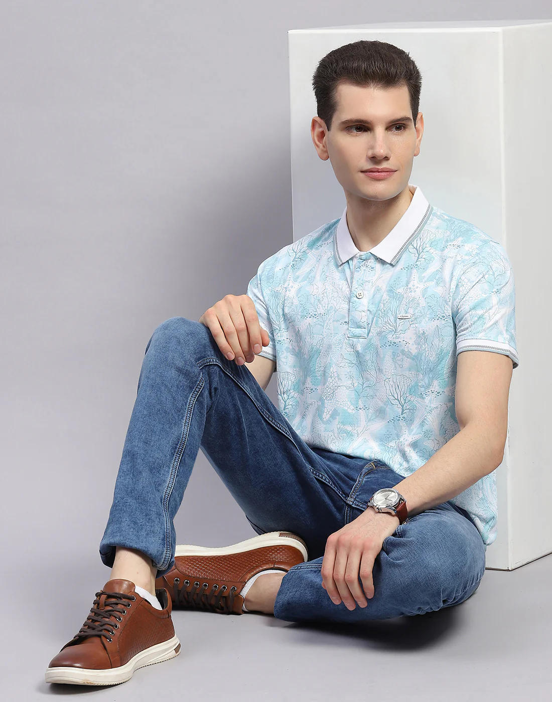 Men Sky Blue Printed Polo Collar Half Sleeve T-Shirt - Image 2