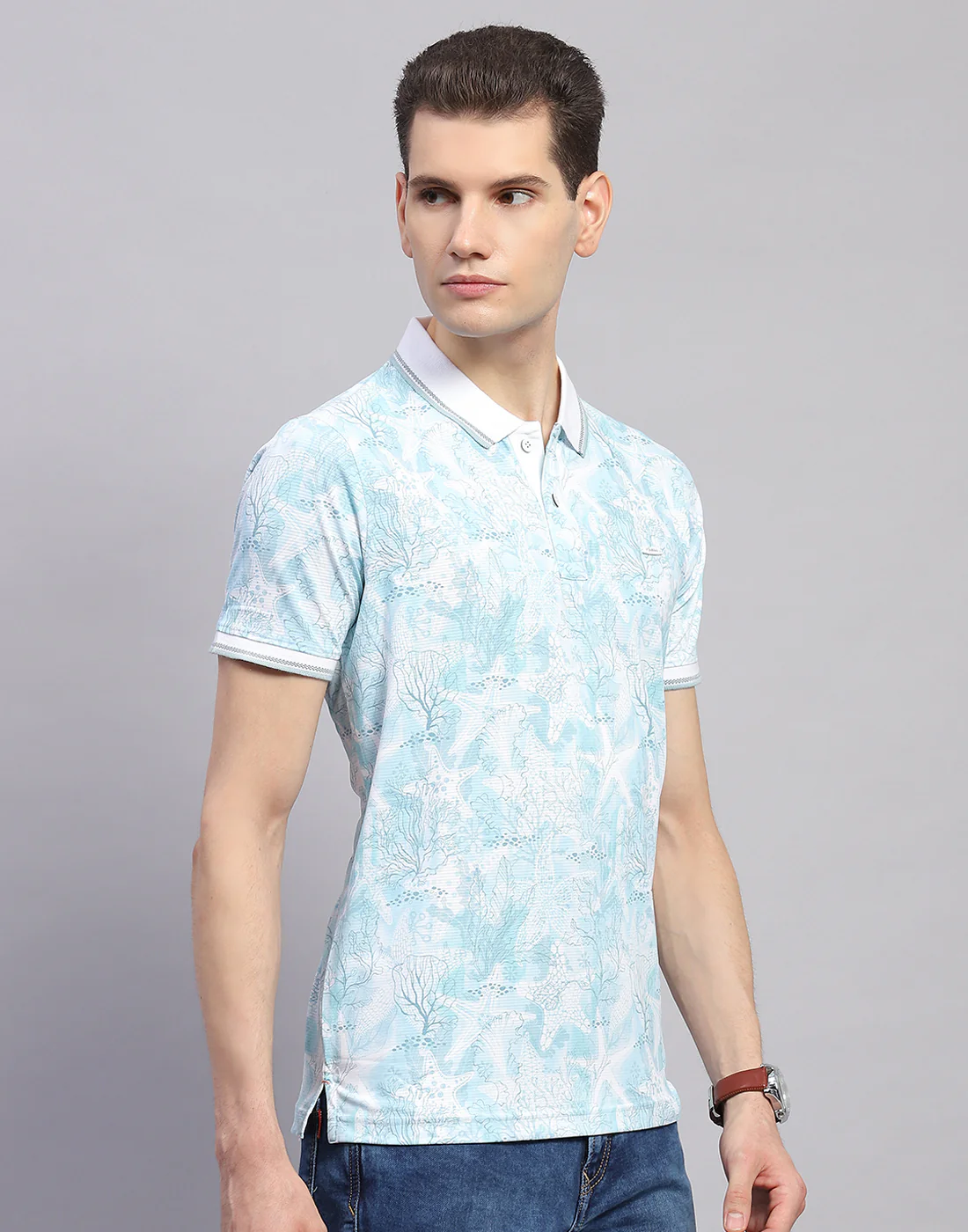 Men Sky Blue Printed Polo Collar Half Sleeve T-Shirt - Image 4