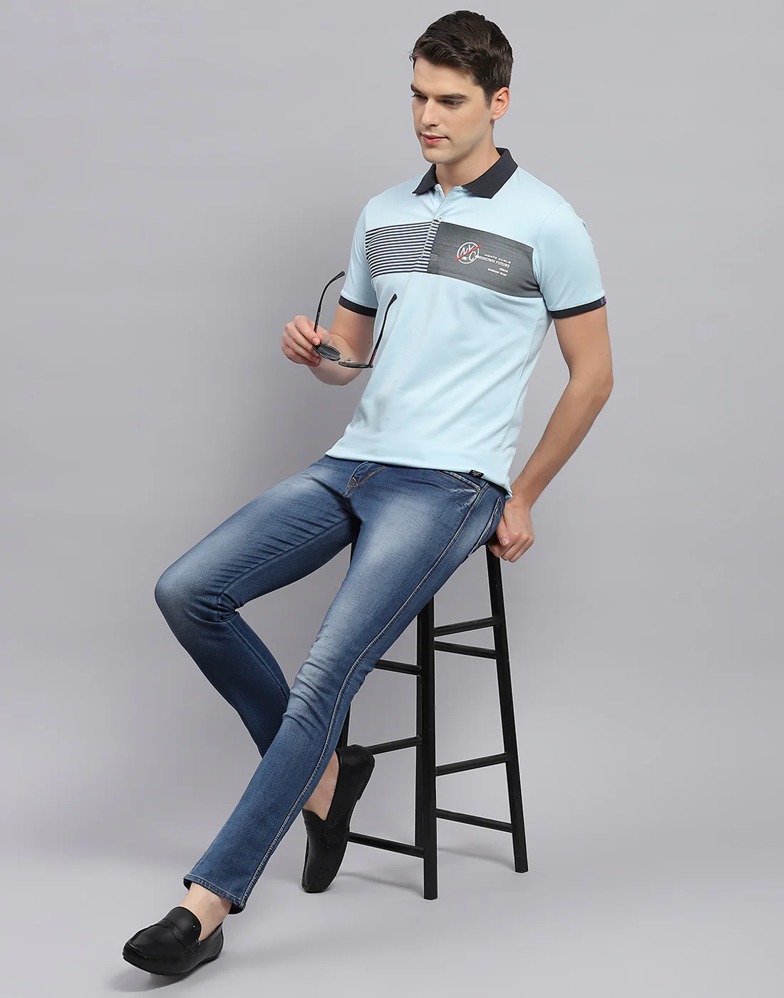 Men Sky Blue Printed Polo Collar Half Sleeve T-Shirt - Image 2