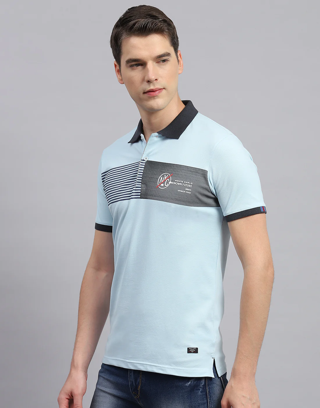 Men Sky Blue Printed Polo Collar Half Sleeve T-Shirt - Image 3