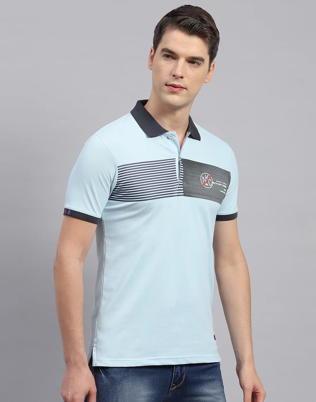 Men Sky Blue Printed Polo Collar Half Sleeve T-Shirt - Image 4
