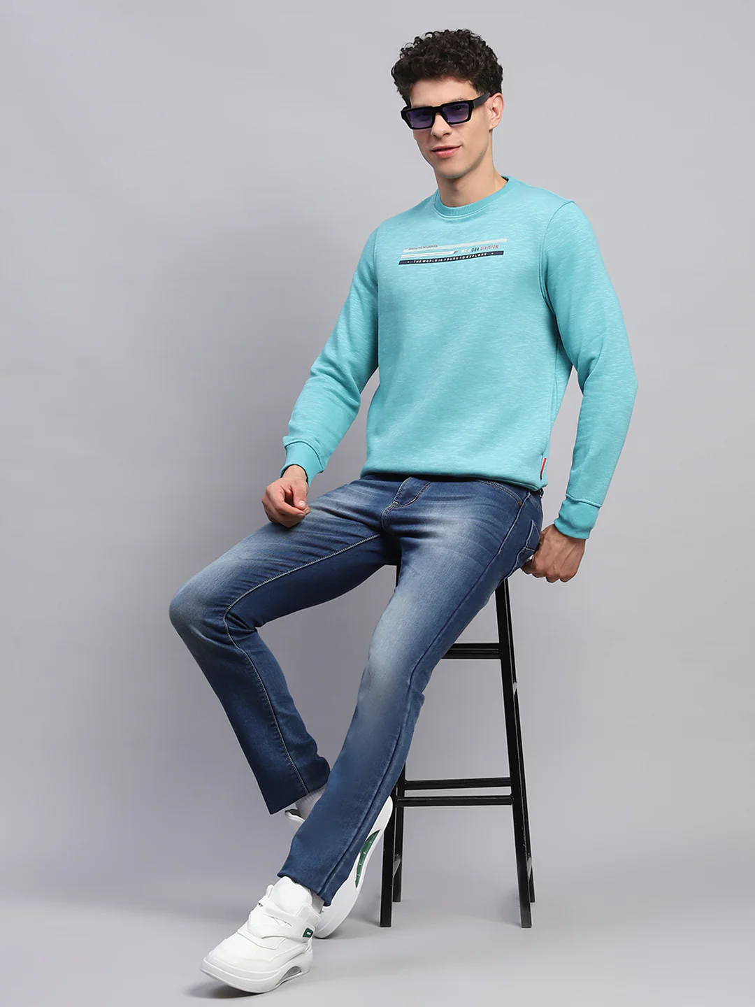 Men Sky Blue Printed Round Neck Full Sleeve Sweatshirt - Image 2